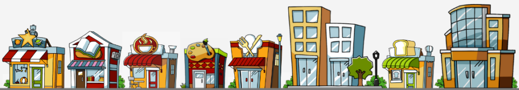 Cartoon buildings in a colorful cityscape.